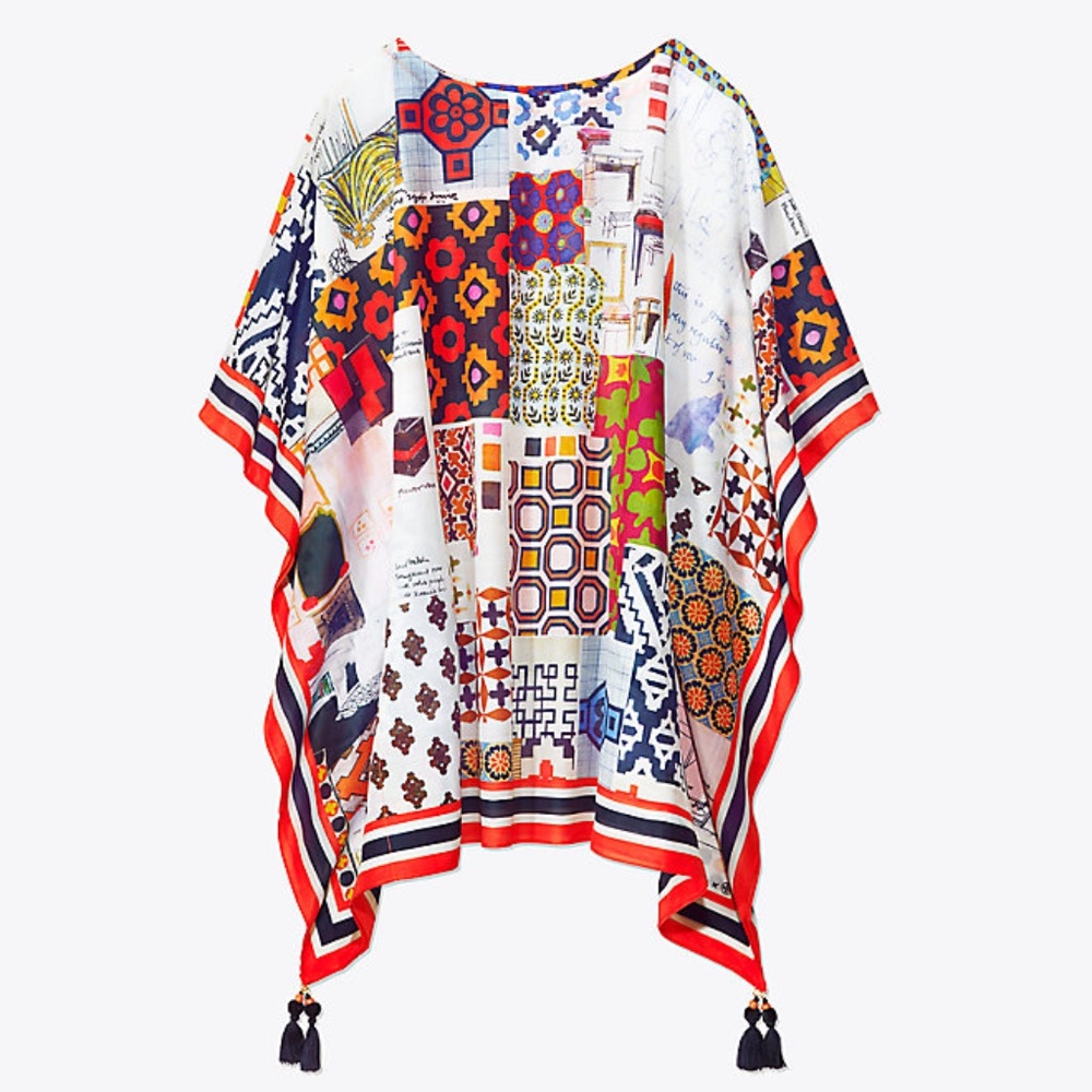 Tory Burch Multicolor Patchwork Print Swim Coverup with Red Trim